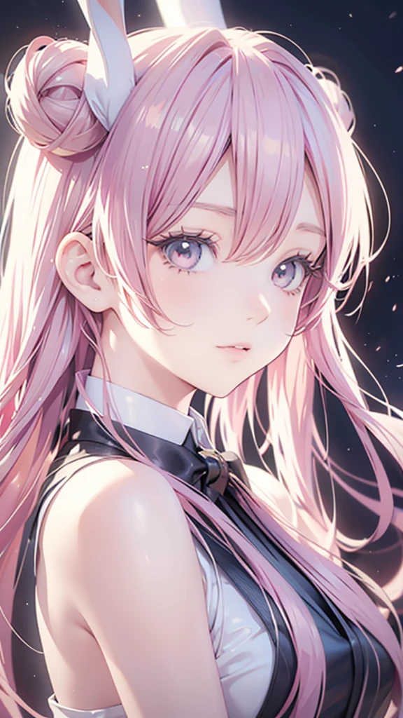 Anime Style, Cartoon close-up of a woman with bunny ears and a tail, With rabbit tail, With rabbit ears, Girl Design, times, Portraiture, Gisha, Anime Images, Long Hair, Pink Hair, Hair covering the ears, Happy, Sophisticated and powerful appearance, exotic, expensive  