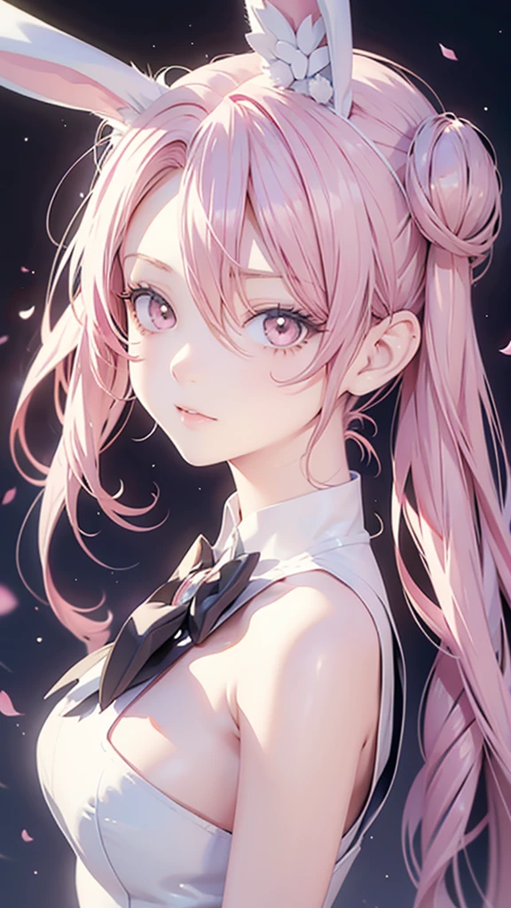 Anime Style, Cartoon close-up of a woman with bunny ears and a tail, With rabbit tail, With rabbit ears, Girl Design, times, Portraiture, Gisha, Anime Images, Long Hair, Pink Hair, Hair covering the ears, Happy, Sophisticated and powerful appearance, exotic, expensive  