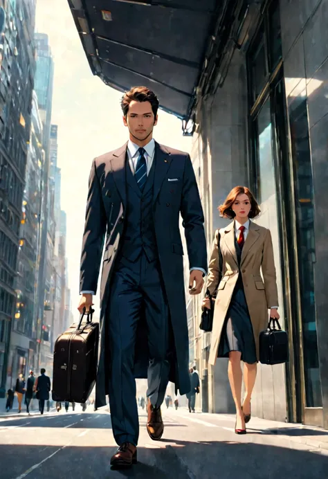 Man in suit walking east，Woman walking west with suitcase