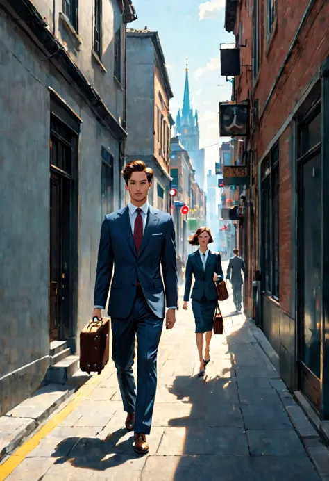 Man in suit walking east，Woman walking west with suitcase