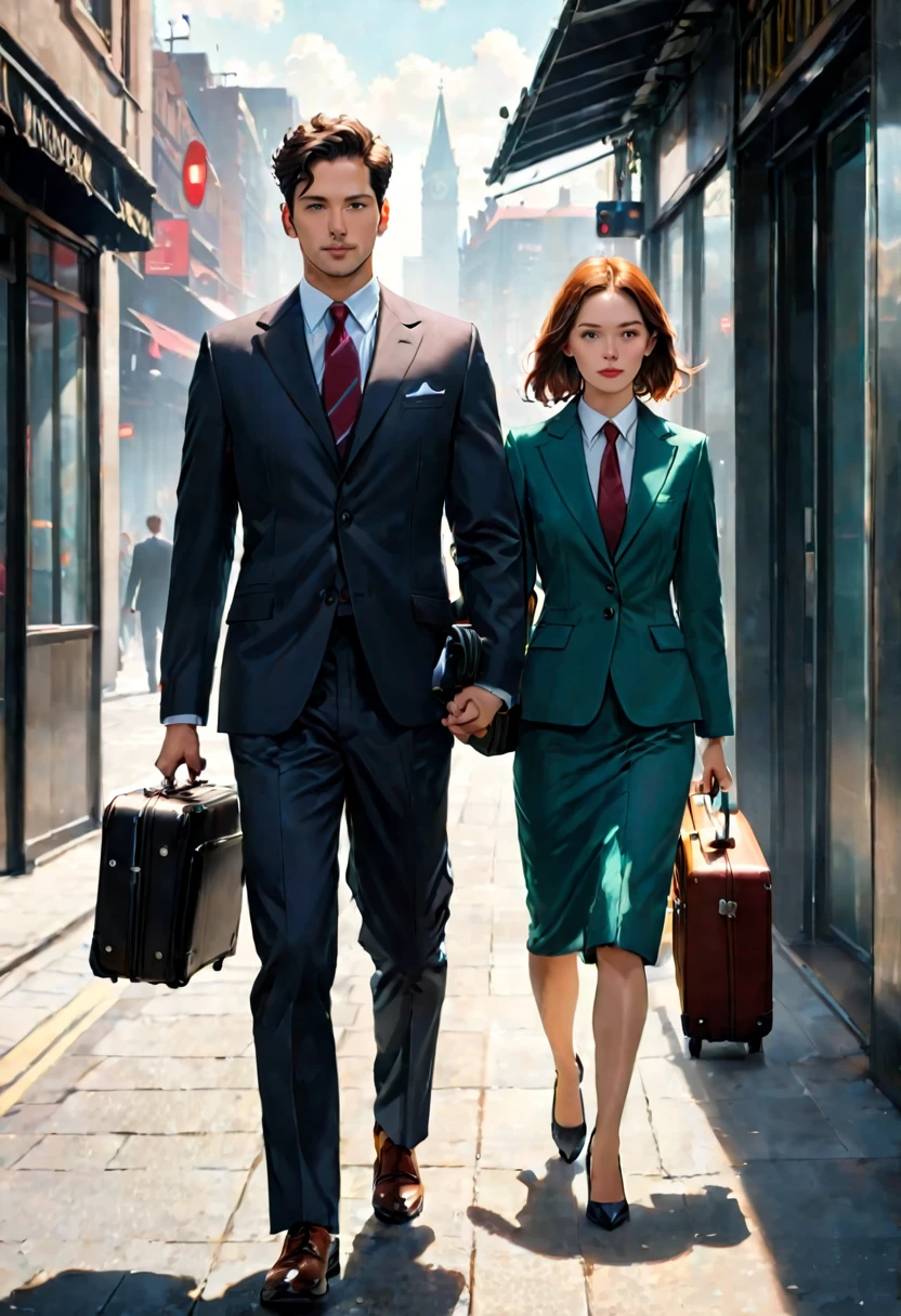 Man in suit walking east，Woman walking west with suitcase