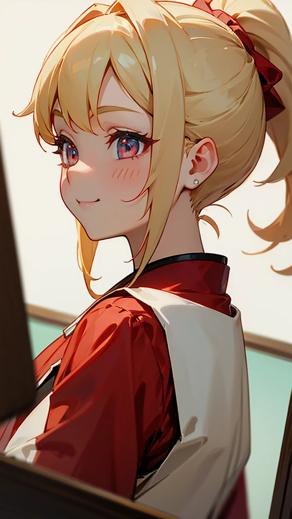 1 Girl、Anime-style paintings、Blonde Hair、Half Ponytail、Ruby-like eyes、smile、From the side、Upper body close-up、White and red clothing