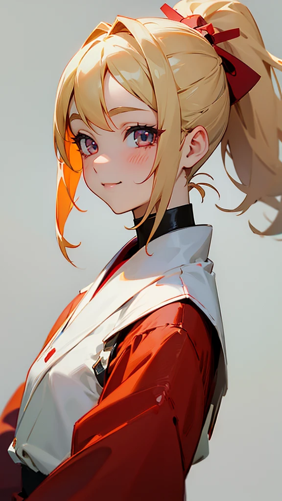 1 Girl、Anime-style paintings、Blonde Hair、Half Ponytail、Ruby-like eyes、smile、From the side、Upper body close-up、White and red clothing