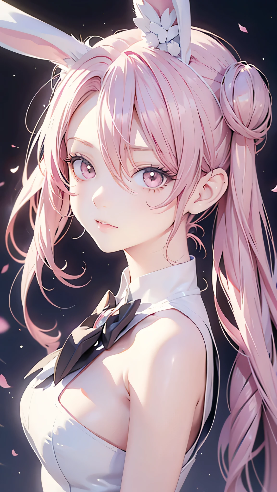 Anime Style, Cartoon close-up of a woman with bunny ears and a tail, With rabbit tail, With rabbit ears, Girl Design, times, Portraiture, Gisha, Anime Images, Long Hair, Pink Hair, Hair covering the ears, Happy, Sophisticated and powerful appearance, exotic, expensive  