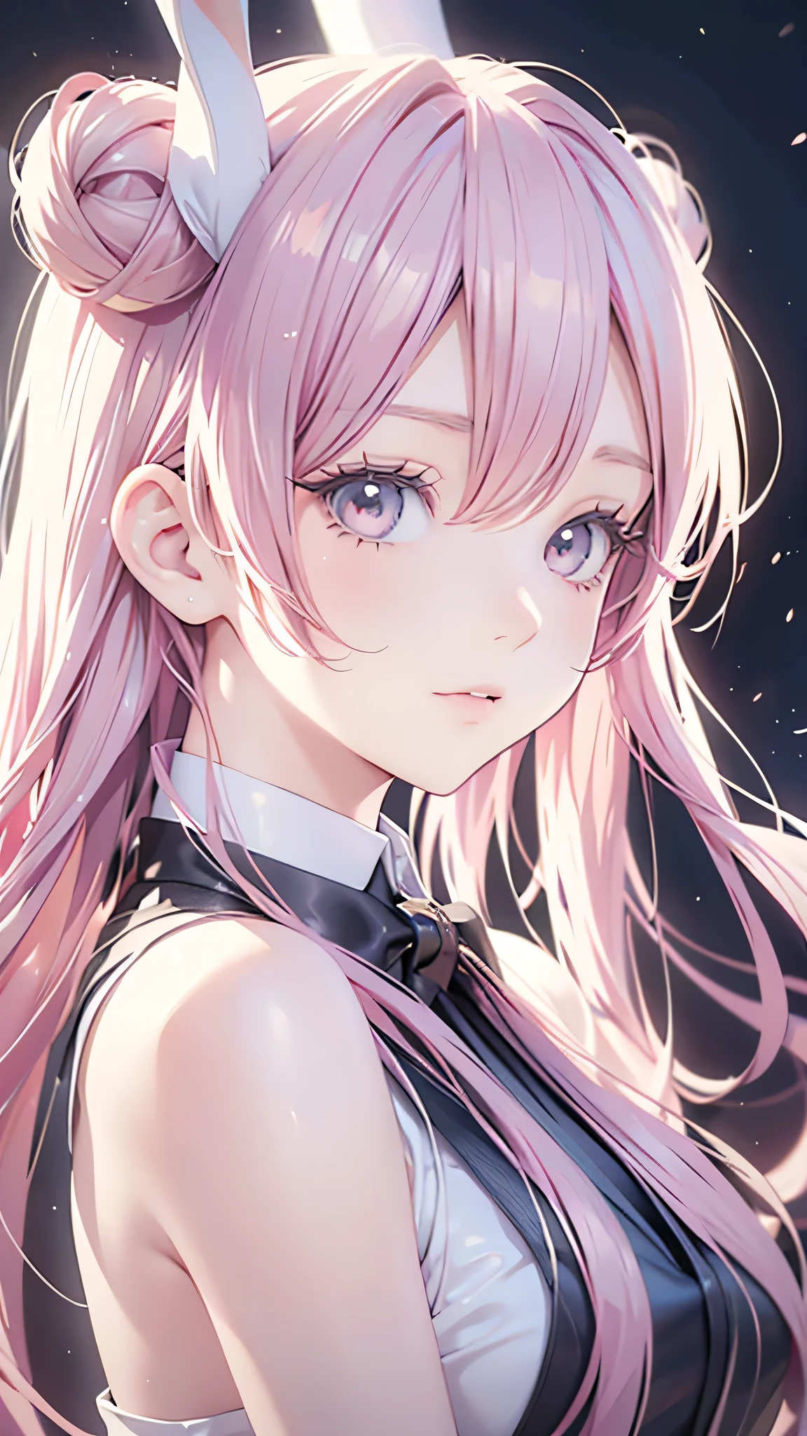 Anime Style, Cartoon close-up of a woman with bunny ears and a tail, With rabbit tail, With rabbit ears, Girl Design, times, Portraiture, Gisha, Anime Images, Long Hair, Pink Hair, Hair covering the ears, Happy, Sophisticated and powerful appearance, exotic, expensive  