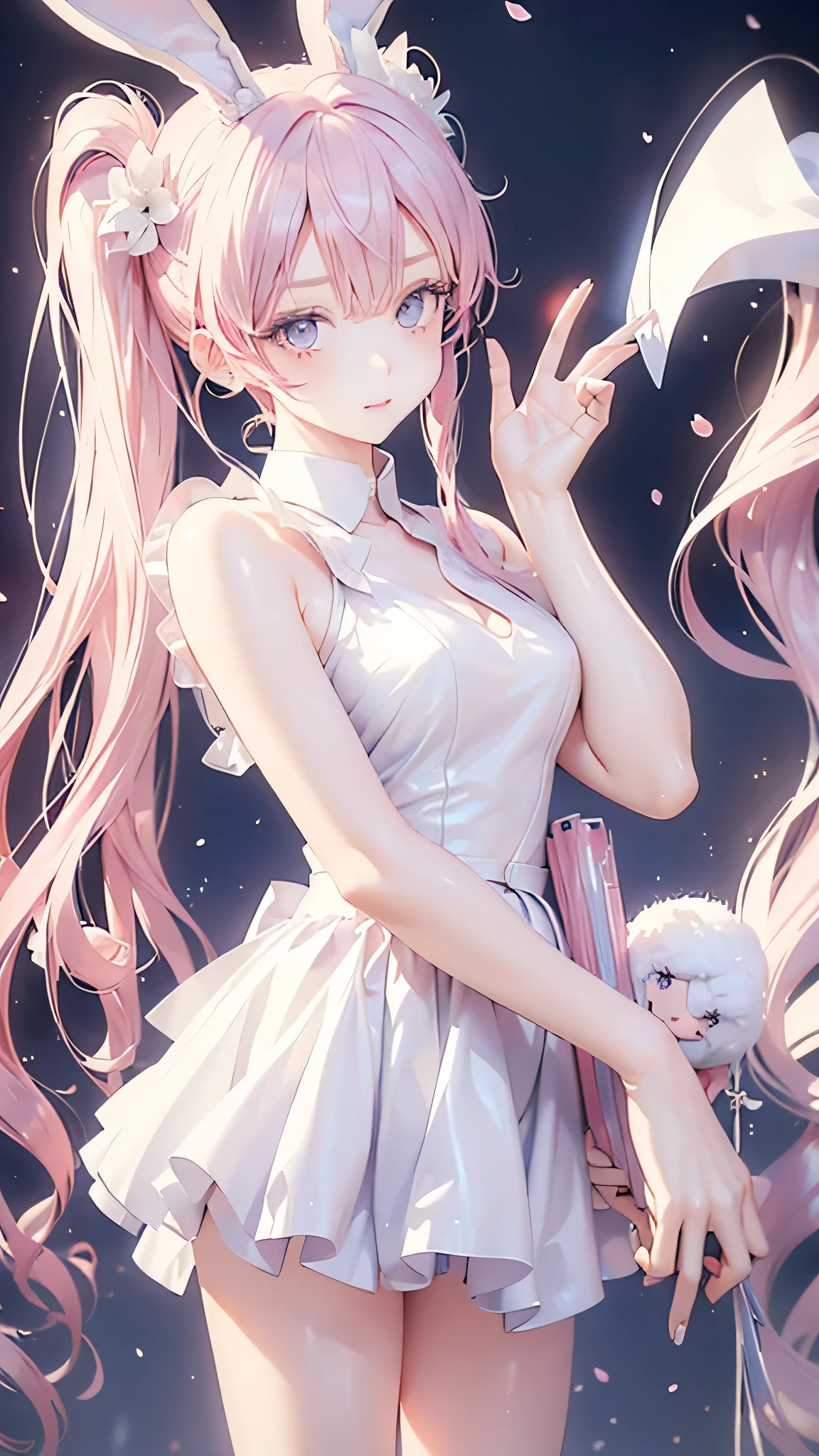 ((masterpiece)), (Highest quality))),Anime Style, Woman with bunny ears and a tail, With rabbit tail, With rabbit ears, (Very delicate and beautiful face), (Beautiful eyes in every detail),Girl Design, Anime Images, Long Hair, Pink Hair, Hair covering the ears, Happy, Sophisticated and powerful appearance, exotic, expensive