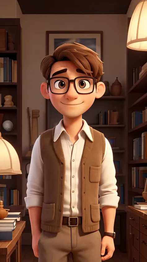 Man is picking up a book that is on the shelf. He seems surprised by the book. He is approximately 35 years old, of medium height, with short, light brown hair. He has a shaved beard and wears thin-rimmed glasses.. Wear a simple white shirt with a gray wool vest and dark pants.. your face is gentle, with brown eyes that convey an expression of serenity and curiosity.