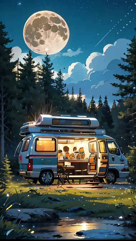 a detailed advance futuristic camper van in a grassy forest clearing at midnight,full moon shining bright, starry sky, campfire,...