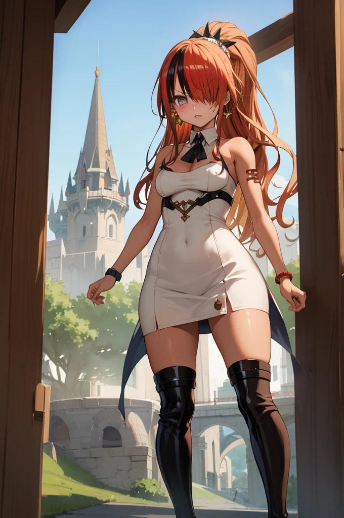 masterpiece, best quality, highres, hmlain, long hair, , ponytail, streaked hair, hair over one eye,, , hair over one eye, earrings, ,outdoor,looking viewer,,((((gyaru,fantasy)))),thigh boots,tanned body,standing,short dress,angry