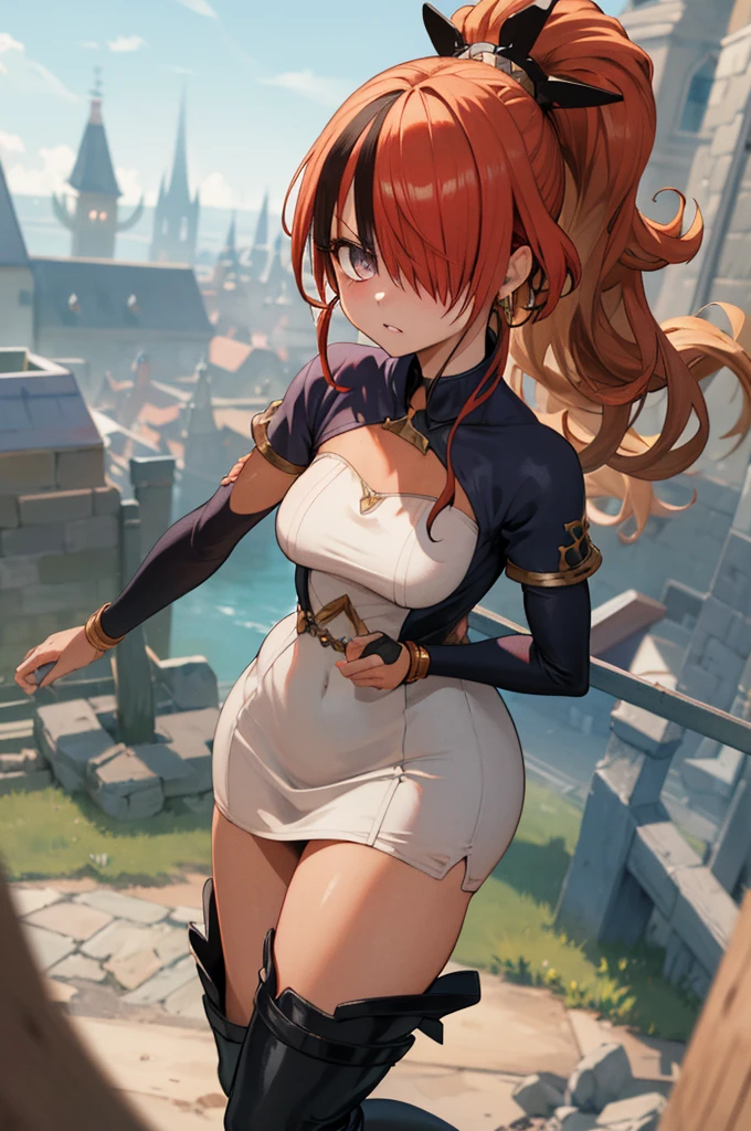 masterpiece, best quality, highres, hmlain, long hair, , ponytail, streaked hair, hair over one eye,, , hair over one eye, earrings, ,outdoor,looking viewer,,((((gyaru,fantasy)))),thigh boots,tanned body,standing,short dress,angry