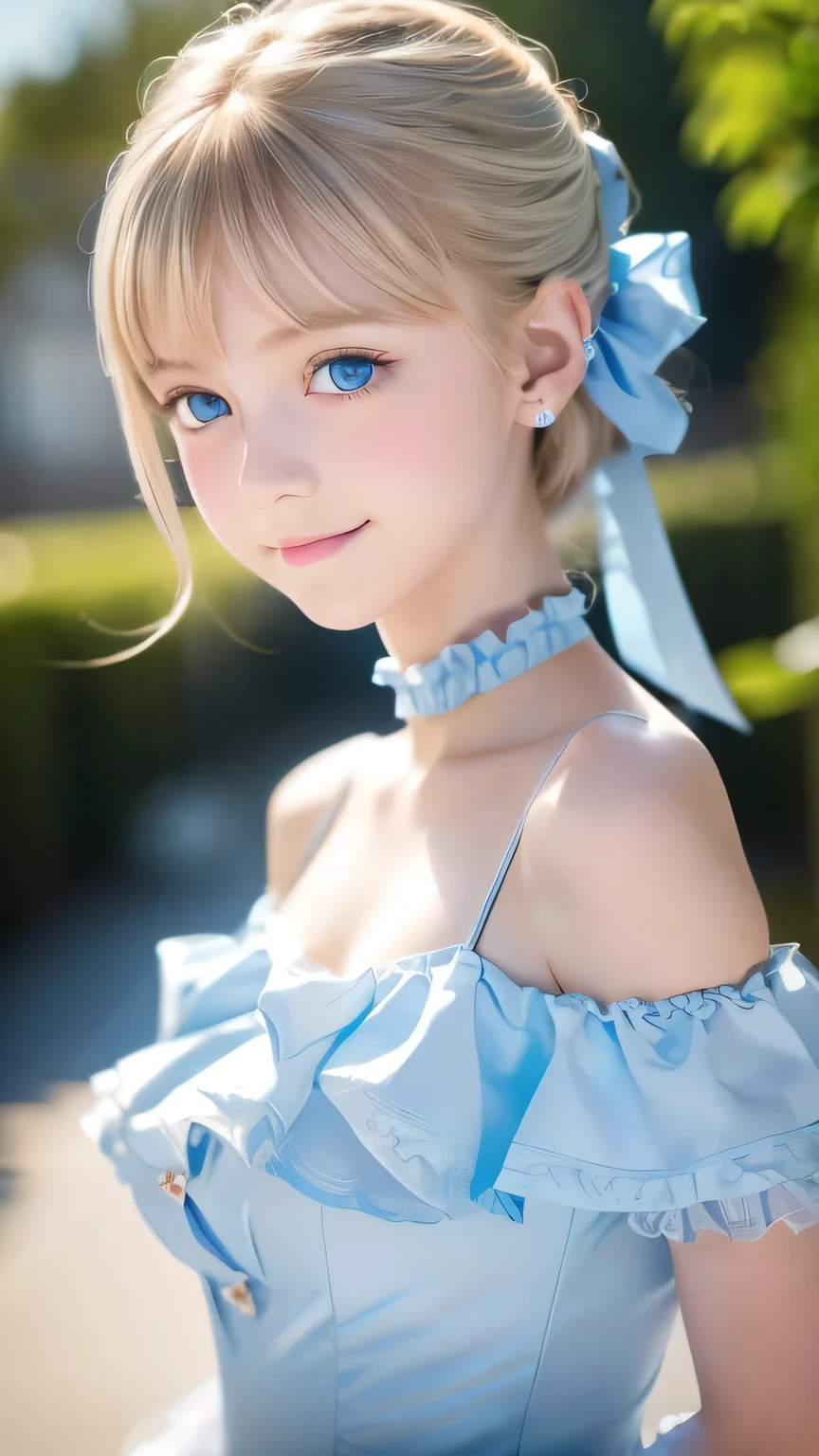 (Ultra-detailed), Cute light blue princess dress,(Frill dress),(Short sleeve),Very bright white ice blue eyes,Upper Body、Close-up、Facial beauty、Cute smile,Facing forward, 15 years old, Teenage Girl,No tail,(No tail),2d, masterpiece, Highest quality, And soul, Detailed Eyes, Big, bright, light blue eyes that shine beautifully、Detailed face, With a girl, Only one person,Blondeのスーパーロングヘア, (Blonde),  Ear hair, , Single Blade, (Single Blade), (Side Blade), Pink ribbon, Ribbon on neck, (White sleeves), Background bokeh