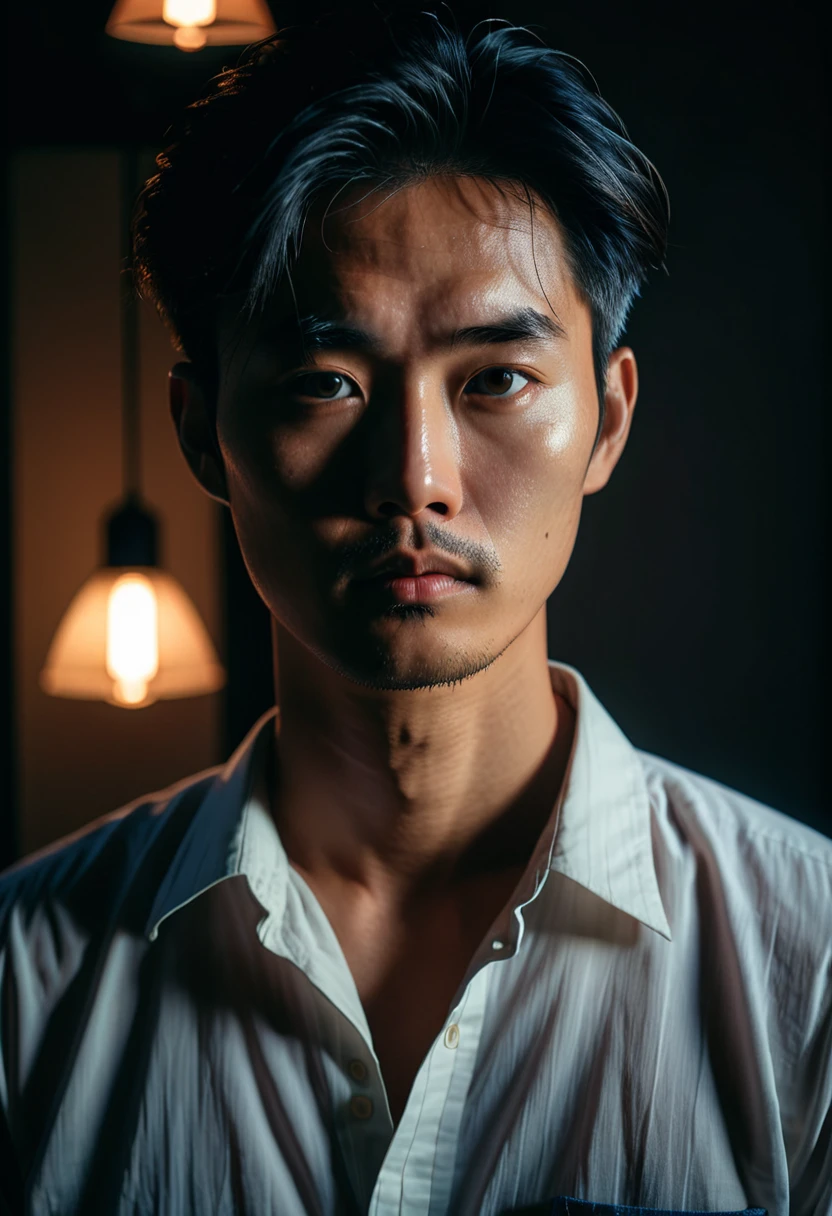 un homme asiatique en chemise regardant la caméra avec une lumière allumée, Portrait dramatique d’Uuen, portrait 8 k, éclairage maussade visage réaliste, portrait doux faible luminosité, tourné avec un canon eos r5, tourné avec un canon eos r 5, portrait à mi-plan, Portrait cinématographique, soft portrait 8 k, animé. éclairage doux, portrait