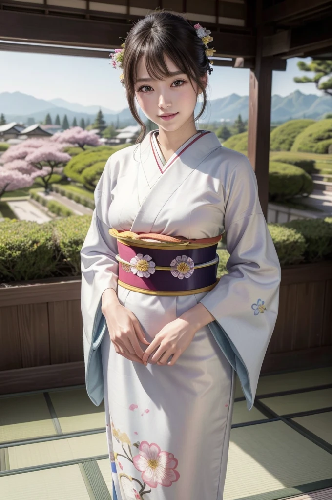 (masterpiece, highest quality, Realistic, High resolution, photograph, :1.3), Sharp focus, 1 Cute Japanese Girl, Hot Model, Highly detailed eyes and pupils, Realistic Skin, Highly detailed hair, Delicate face, Sensual look, Bright lips, Natural Lip, ((whole body shot)), standing pose, smile, (Furisode:1.5), (Floral:1.2), ((sash)), ((obi)), outside of home, (Japanese Style Country), full body, 