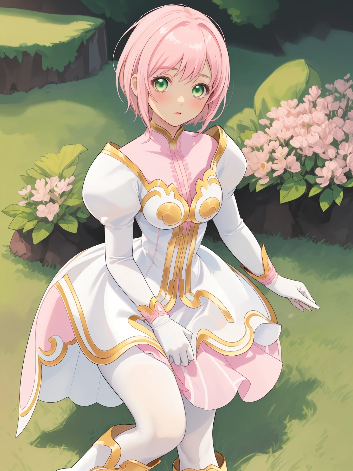 masterpiece, Highest quality, alone, One Girl,Estellise Sidos Heurassein, Pink Hair, short hair, Green Eyes, Small breasts, White and pink dress, Glamorous Dress, Pink collar, Pink Skirt, White boots, White gloves, (Black Pantyhose, Black legwear:1.1)whole body, Little:5, cute, (Beautifully detailed face), (Beautiful attention to detail), (Beautiful detailed hair)