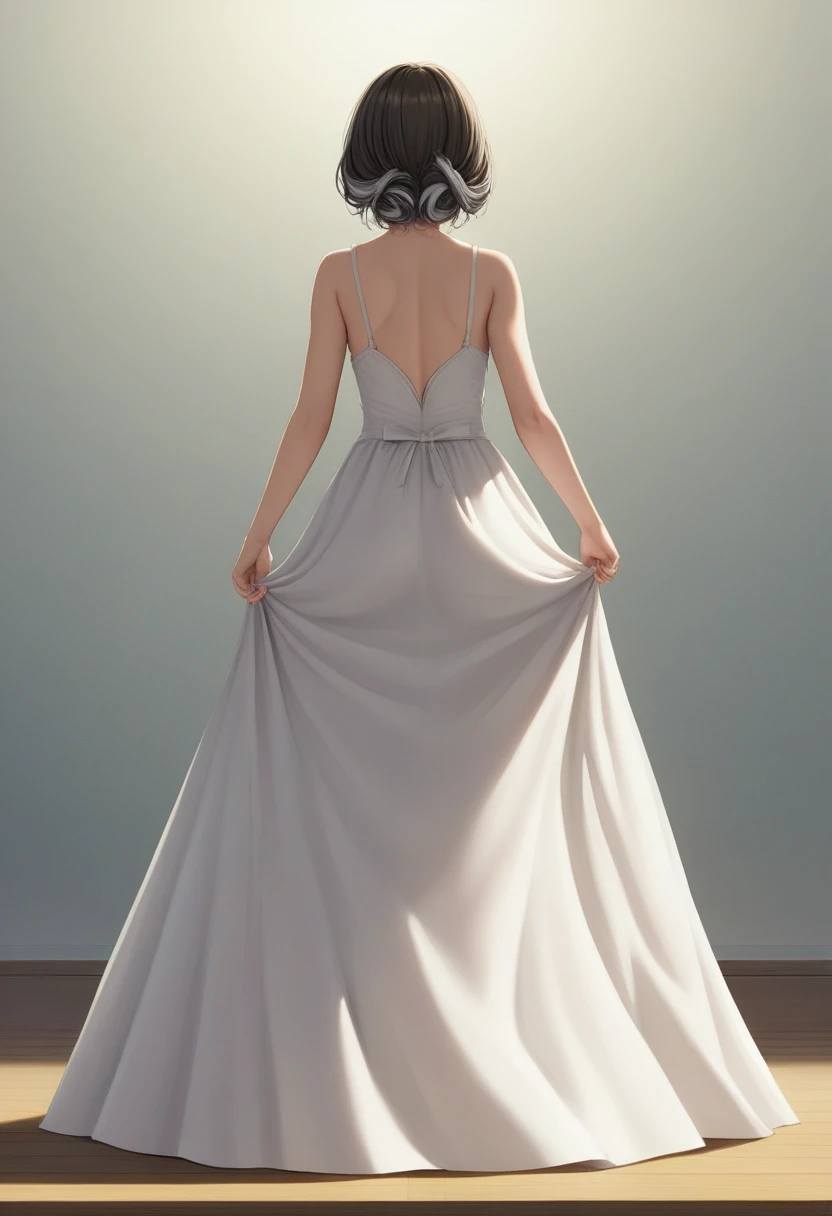 (Highest quality,8k,masterpiece:1.2),Very detailed,One Girl, Gray two-tone hair,dress,Long skirt,Beautifully detailed face, Complex,Dramatic lighting,4K,Detailed Background,Caustics,Portraiture,Full Body Shot,Looking at the audience,Rear view, Her butt is nice and round、The curve is clear, Beautiful lighting enhances the overall atmosphere. Full Body Shotで彼女を魅力的に見せましょう.