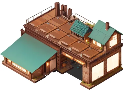 Cartoon illustration of a building with a roof and a green roof, Isometric view from behind, Isometric viewpoint, Isometric house, Isometric style, accurate Isometric viewpoint, Isometric games asset, Isometric environment, Flat illustration, Roof background, Isometric top-down left view, Highly detailed isometric, Isometric drawing, Isometric games