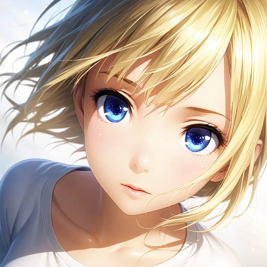 portrait, Practical, blue eyes, Blonde hair, Mid-chest, 4K resolution, High quality CG, Beautiful CG, Soft Light, Octane Rendering, white t-shirt, wide angle, front, direct gaze, frontal view, headshot