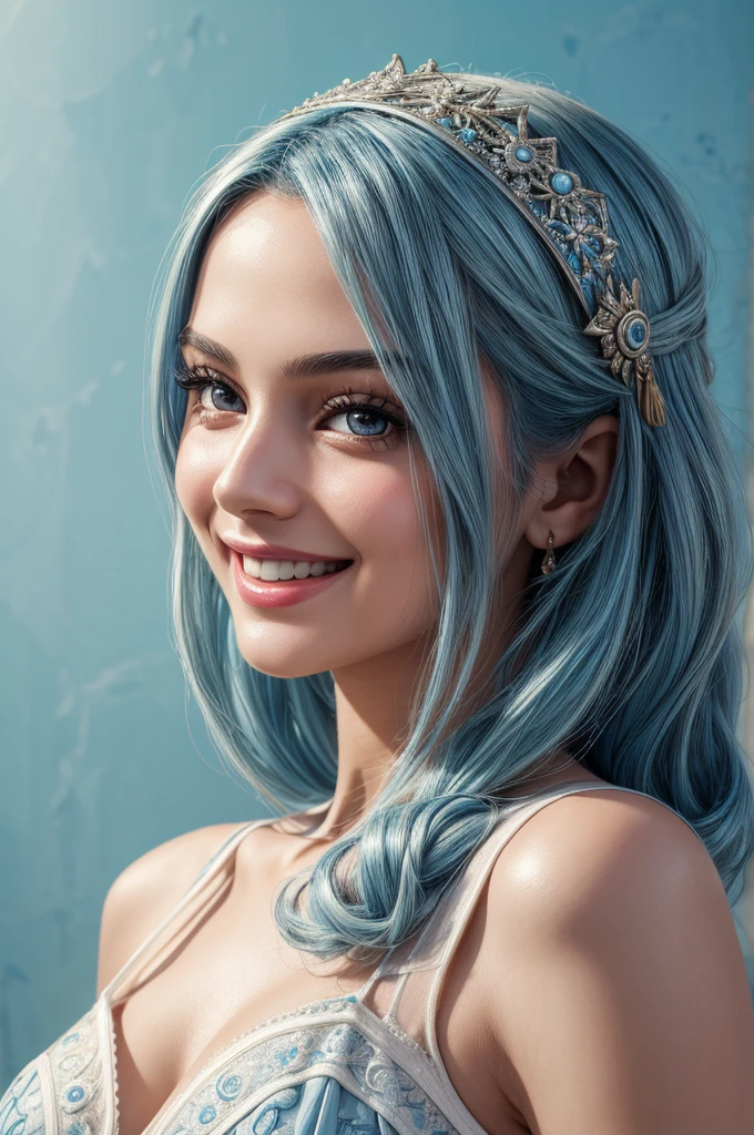 masterpiece, best quality, extremely detailed, hyperrealistic:1.1, photorealistic, a beautiful 20s arabic model, ultra detailed face:1.1, light blue hair, white dress, smiling, light blue background