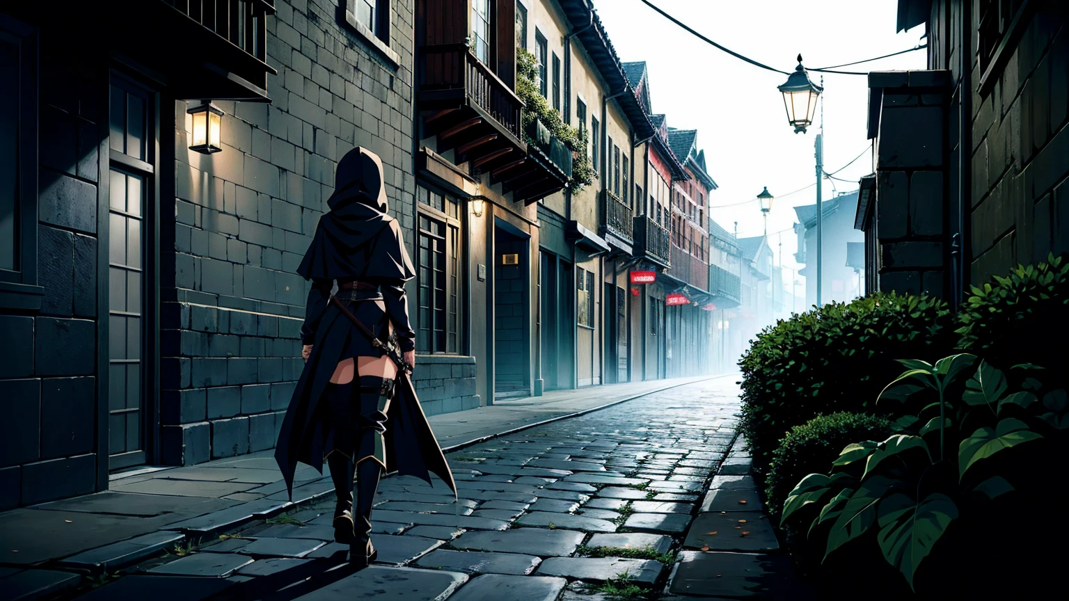 A young female assassin walking through a medieval city at night. She has a stealthy and determined expression, wearing dark, hooded clothing that helps her blend into the shadows. She carries various weapons, such as daggers and throwing knives, hidden within her attire. The background features narrow, cobblestone streets, tall ancient buildings, and dimly lit lanterns casting eerie shadows. The atmosphere is tense and mysterious, capturing the essence of a skilled assassin navigating the city unnoticed.