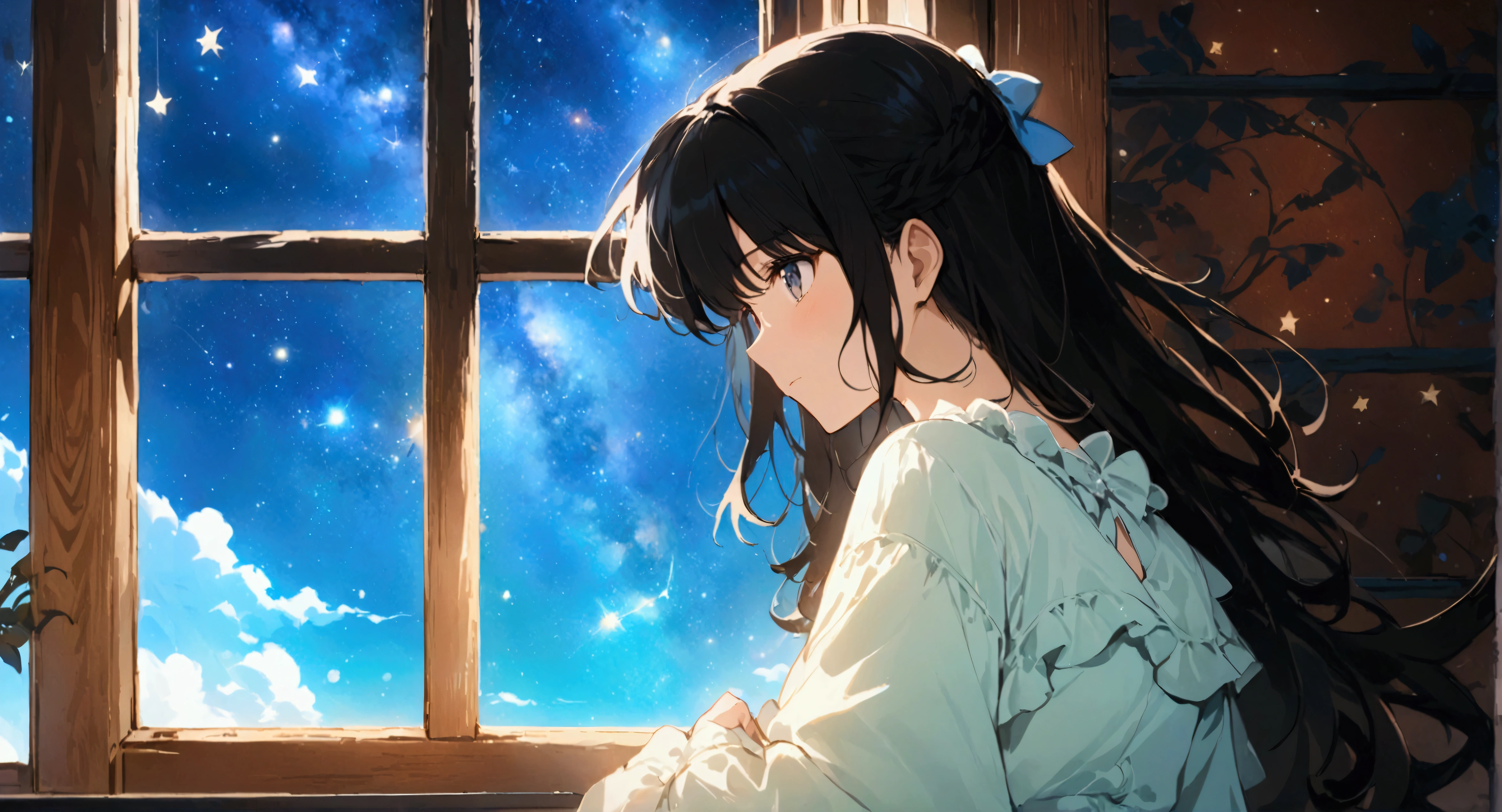 Anime Style、high resolution,((masterpiece:1.2)),Galaxy Express 999、Girl looking out of the room、Beautiful starry sky、Beautiful night view,Wooden window frames