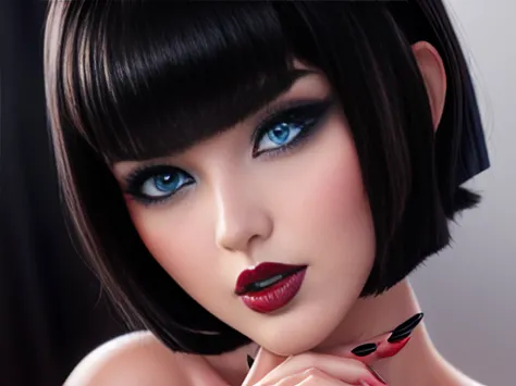 beautiful girl short black hair, blue eyes white skin , black manicure and voluminous red lips, beautiful and perfectly detailed...