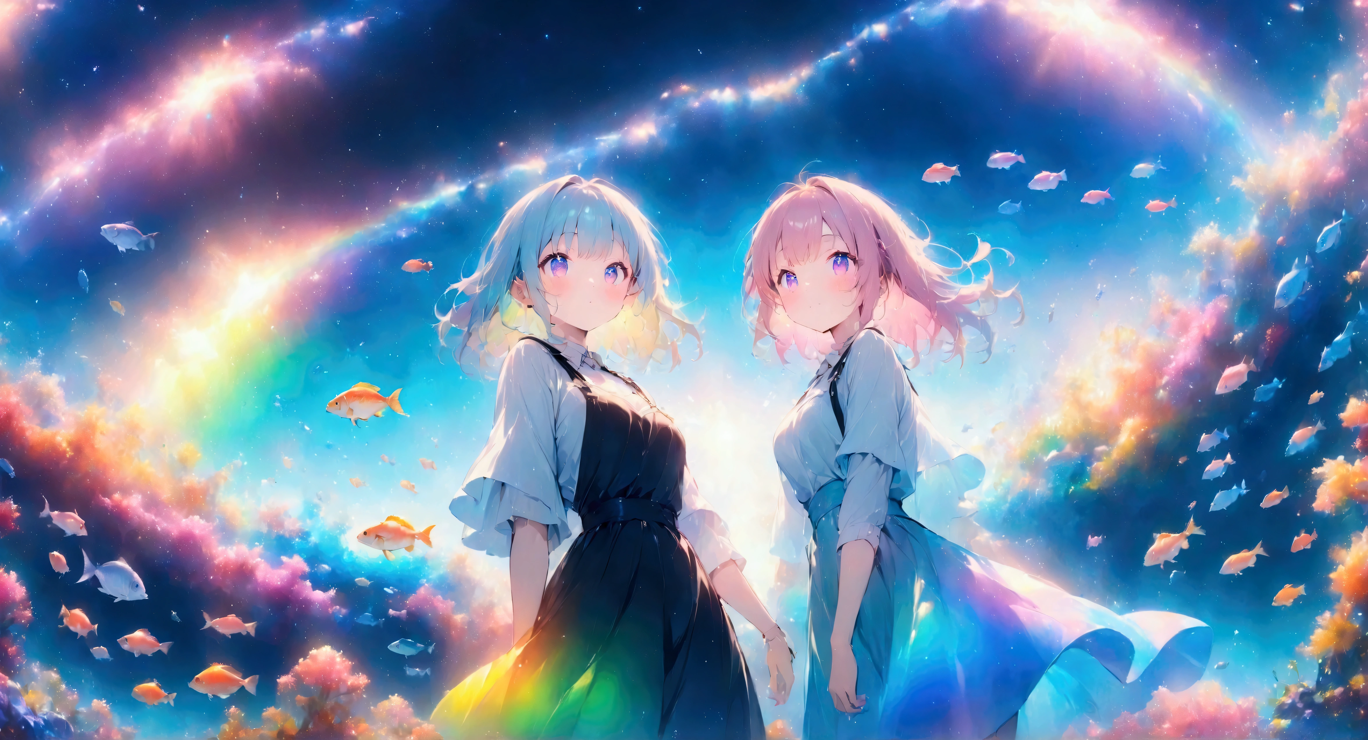 Anime Style、high resolution,((masterpiece:1.2)),aquarium、Aquarium with light streaming in、Beautiful fish、Girl looking at、cute,Wide-angle lens,Unrealistic colors、Rainbow colors