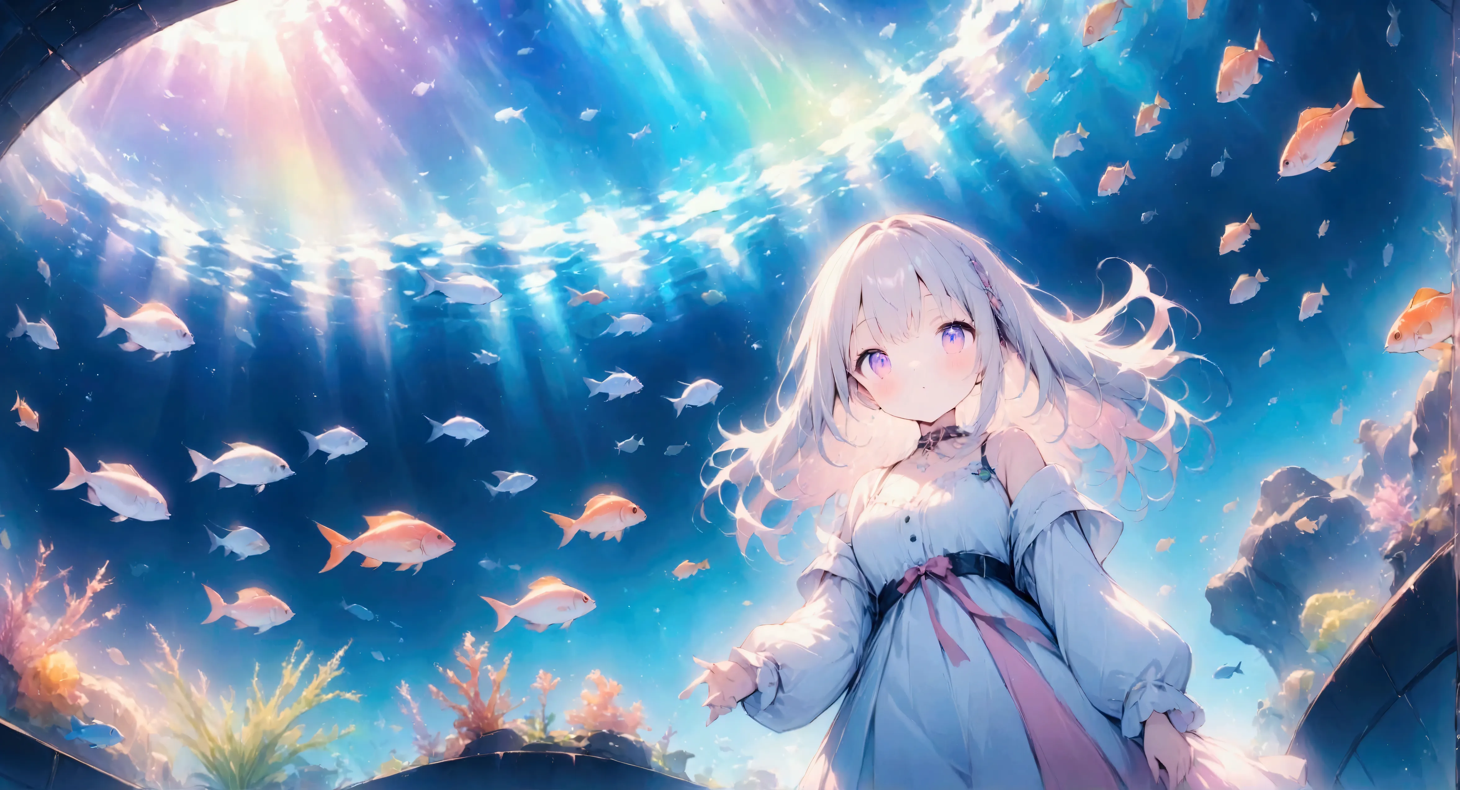 anime style、high resolution,((masterpiece:1.2)),aquarium、aquarium with light streaming in、beautiful fish、girl looking at、cute,wi...