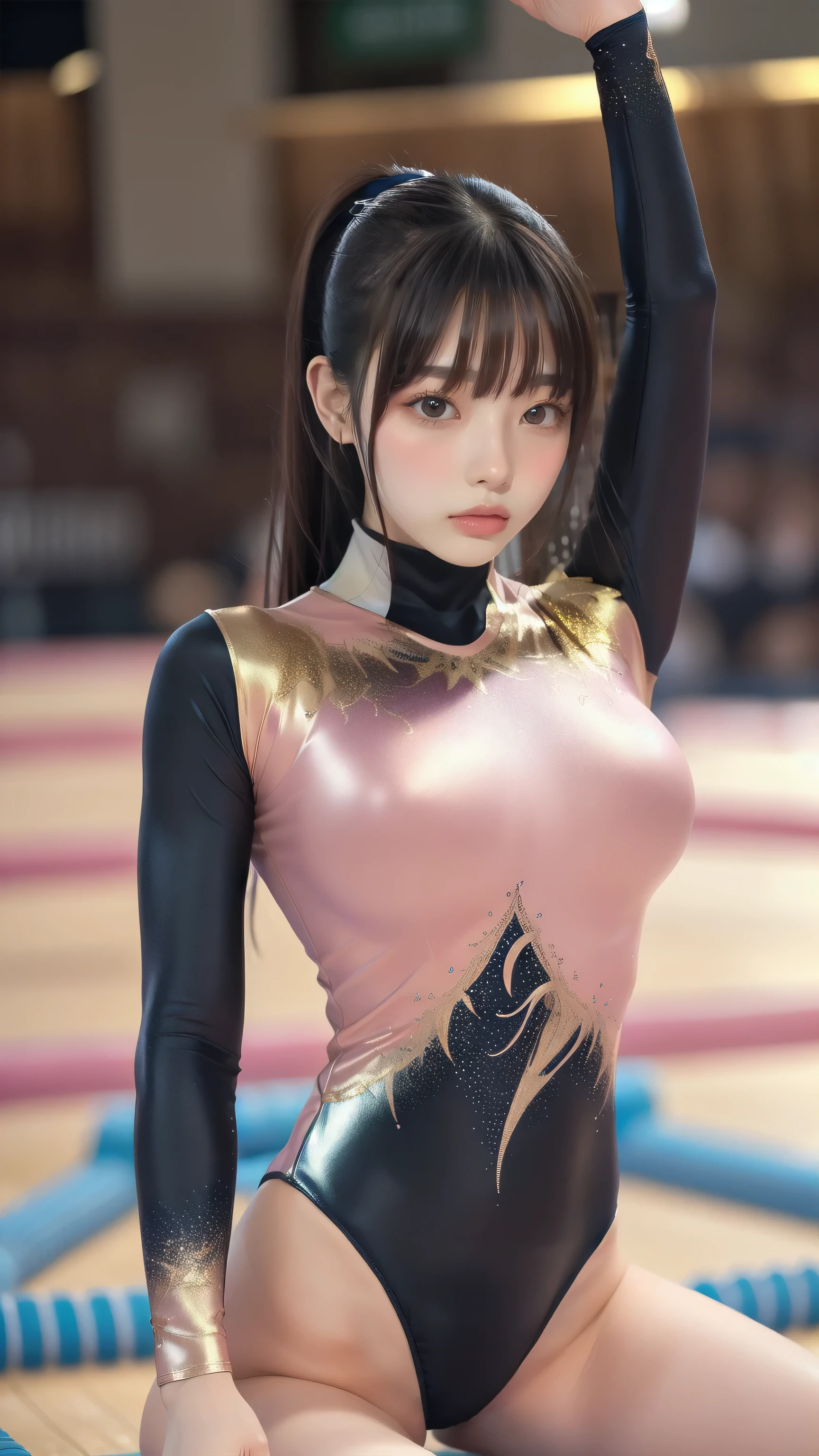 ((indoor, 新gymnastics arena, gymnastics arena:1.3)), ((Highly detailed skin), Beautiful realistic face, White skin, Pointed Chest, Small nipples, Perfect Anatomy, Realistic eyes, Natural Eyes, Brown eyes, Accurate eye focus, Accurate limbs), (Hyper Realist, ultra-realistic, 4K, Attention to detail, Ultra-high resolution, Highest quality, masterpiece, Presence, dynamic, Uplifting, bold, Sharpness), (Thinning hair:2, Soft Hair:2, Straight hair:1.5, Long, slicked bangs, Light copper amber hair, Hair on one eye, Twin tail hair), (Female gymnast, Detailed costume, Wearing a long sleeve leotard:1.5), Shiny long sleeve leotard, Metallic colors long sleeve leotard, Racing long sleeve leotard, Gymnastics Long Sleeve Leotard, ((High leg long sleeve leotard, Long sleeve leotard with crystal embellishment)), ({Metallic red color| Metallic purple color| Metallic white color| Metallic navy color| Metallic pink color| Metallic gold color| Metallic silver color| Metallic black color| Metallic colors}Long sleeve leotard colors), (Big Breasts:1.5), Tall, Elongated arms and legs, Small waist, Small hips, (Crouching, M-shaped split, squat:1.2, squat with your legs wide apart, Spread your legs), The long-sleeved leotard is digging into her butt, barefoot, Looking into the camera, smile, (Underhair does not grow), 