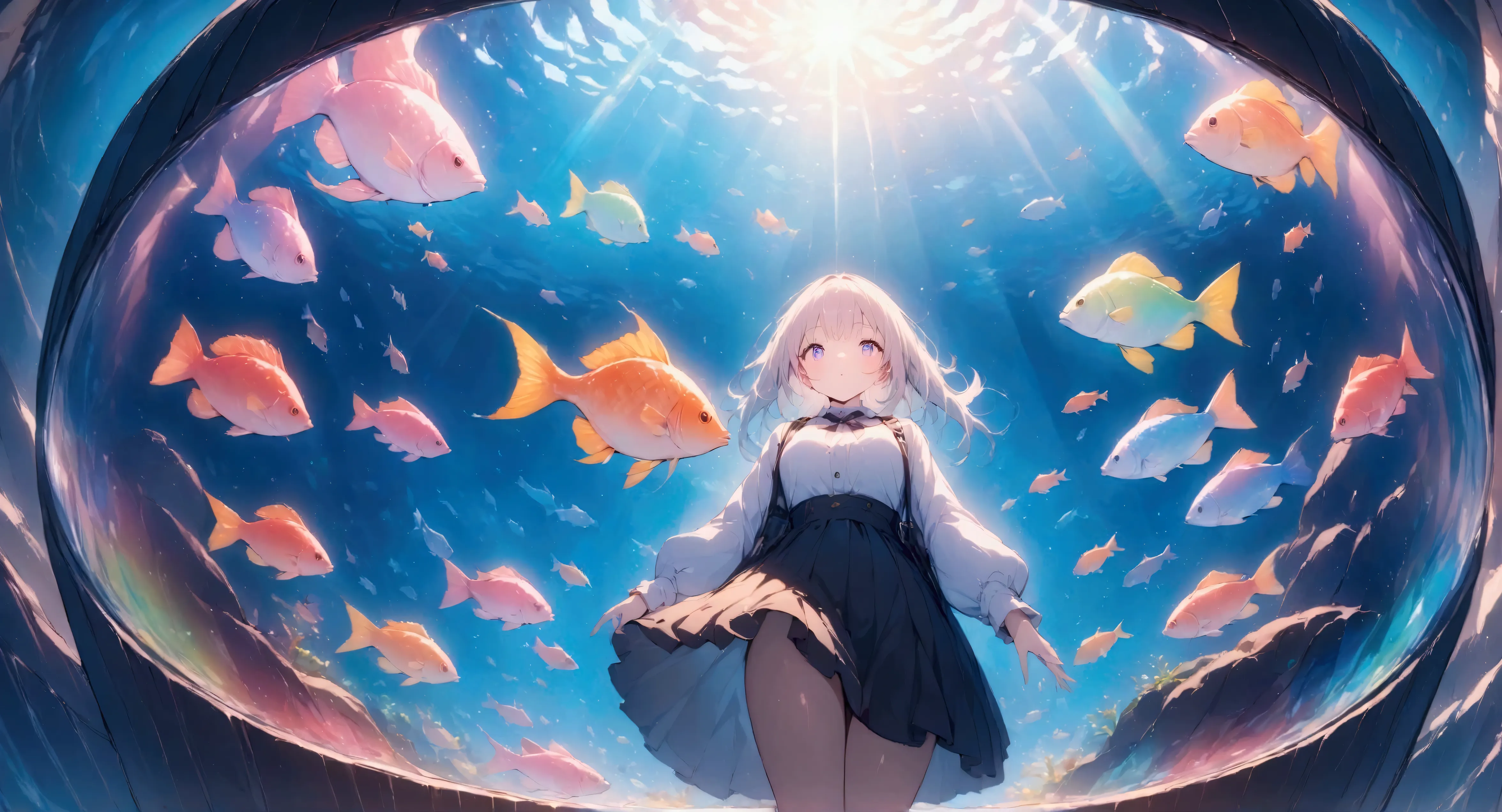 beautiful anime-style girl looking at colorful fish in an aquarium, aquarium with sunlight streaming through the glass, highly d...