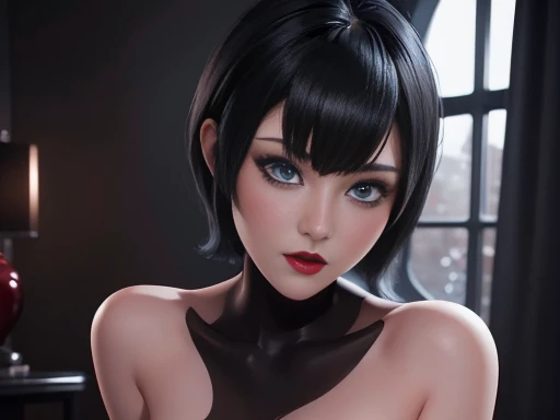 Beautiful girl short black hair, blue eyes, White skin , black manicure and voluminous red lips, body,beautiful and perfectly detailed,  NSFW ,Image 1.2 high resolution 12k gotich makeup fanart Stunning wallpaper 