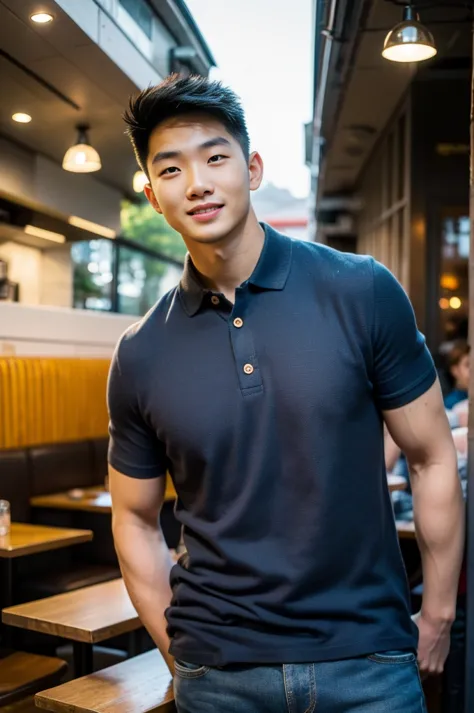 ((realistic daylight)) , young korean man in only a polo shirt, no stripes, and jeans., a handsome, muscular young asian man loo...