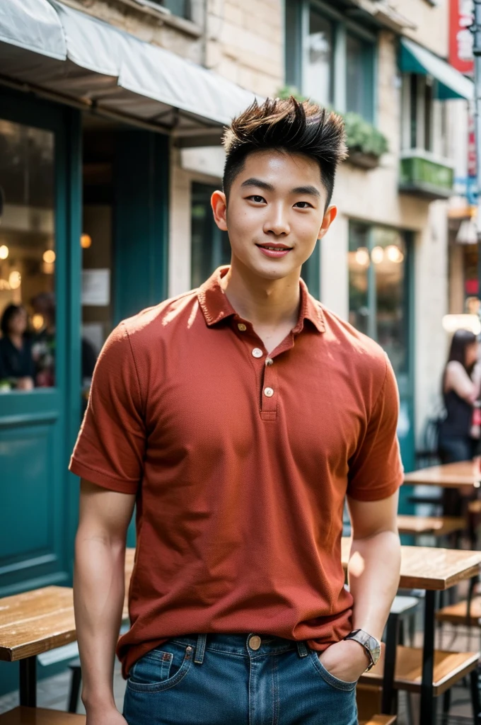 ((realistic daylight)) , Young Korean man in only a polo shirt, no stripes, and jeans., A handsome, muscular young Asian man looks at the camera.  , in the restaurant ,turn sideways, smile