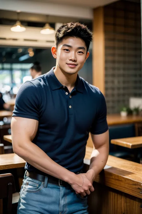 ((realistic daylight)) , young korean man in only a polo shirt, no stripes, and jeans., a handsome, muscular young asian man loo...