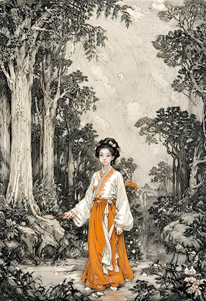 線條藝術,線型,女孩，Hanfu，唐裝，