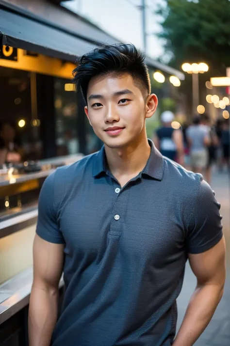 ((realistic daylight)) , young korean man in a navy blue polo shirt only, no stripes, and jeans., a handsome, muscular young asi...