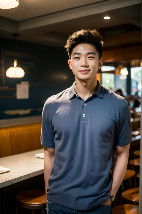 ((realistic daylight)) , young korean man in a navy blue polo shirt only, no stripes, and jeans., a handsome, muscular young asi...