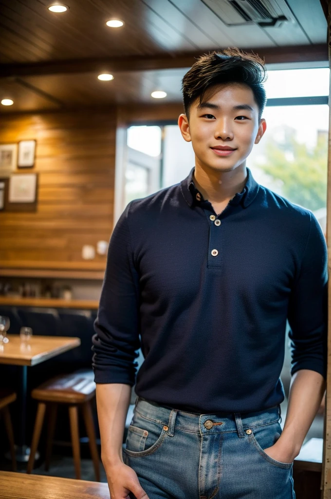 ((realistic daylight)) , Young Korean man in a navy blue polo shirt only, no stripes, and jeans., A handsome, muscular young Asian man looks at the camera.  , in the restaurant ,turn sideways, smile