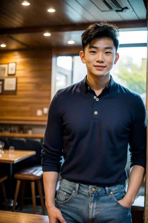 ((realistic daylight)) , young korean man in a navy blue polo shirt only, no stripes, and jeans., a handsome, muscular young asi...