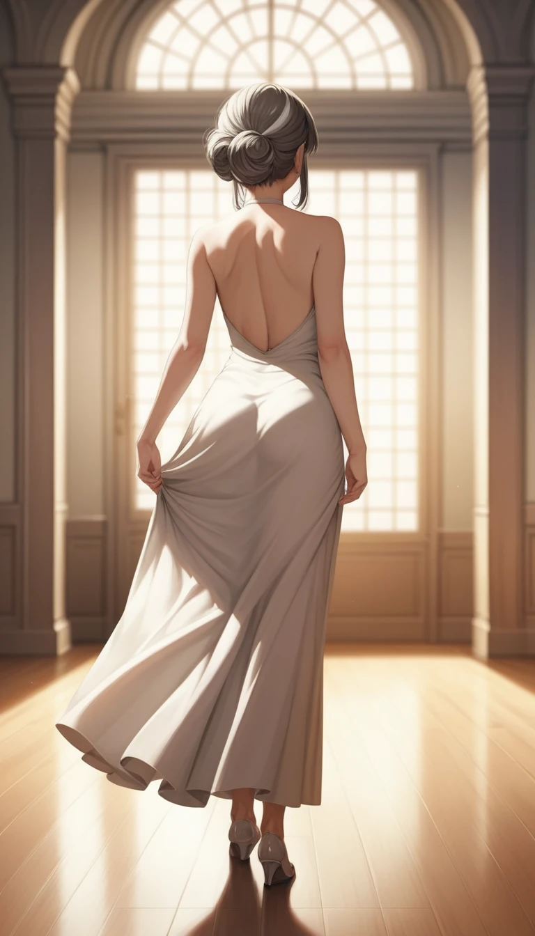 (Highest quality,8k,masterpiece:1.2),Very detailed,One Girl, Gray two-tone hair,dress,Long skirt,Beautifully detailed face, Complex,Dramatic lighting,4K,Detailed Background,Caustics,Portraiture,Full Body Shot,Looking at the audience,Rear view, Her butt is nice and round、The curve is clear, Beautiful lighting enhances the overall atmosphere. Full Body Shotで彼女を魅力的に見せましょう.