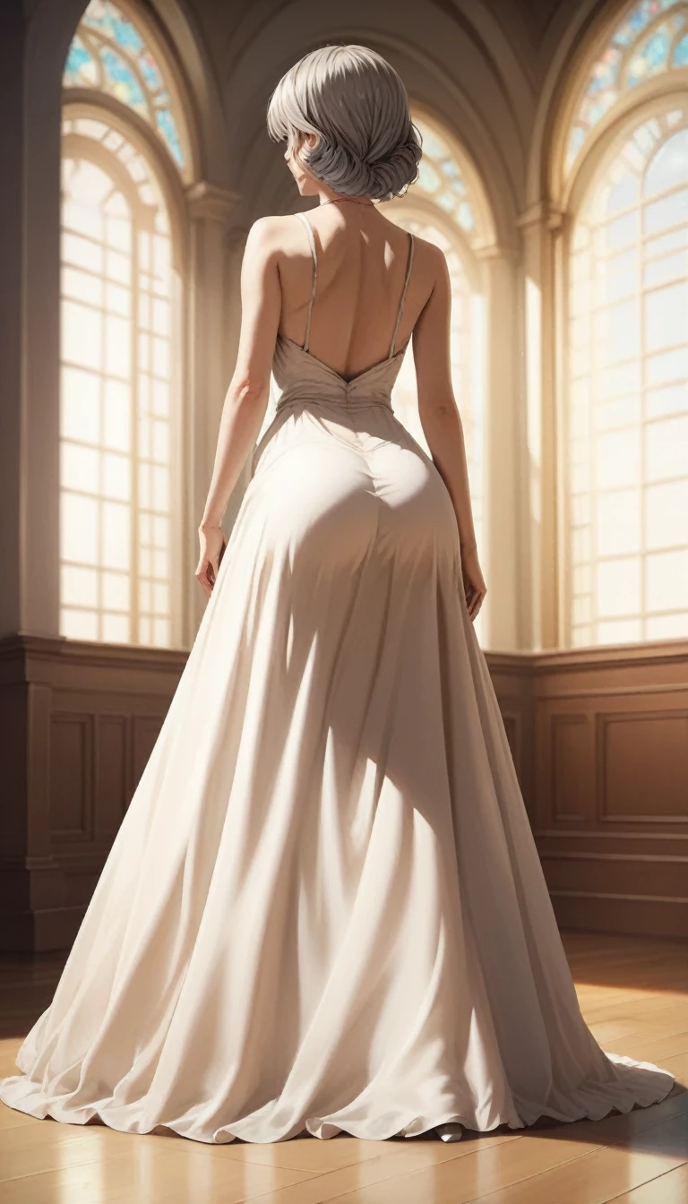 (Highest quality,8k,masterpiece:1.2),Very detailed,One Girl, Gray two-tone hair,dress,Long skirt,Beautifully detailed face, Complex,Dramatic lighting,4K,Detailed Background,Caustics,Portraiture,Full Body Shot,Looking at the audience,Rear view, Her butt is nice and round、The curve is clear, Beautiful lighting enhances the overall atmosphere. Full Body Shotで彼女を魅力的に見せましょう.