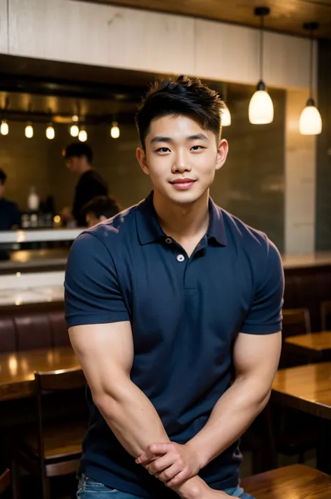 ((realistic daylight)) , young korean man in a navy blue polo shirt only, no stripes, and jeans., a handsome, muscular young asi...