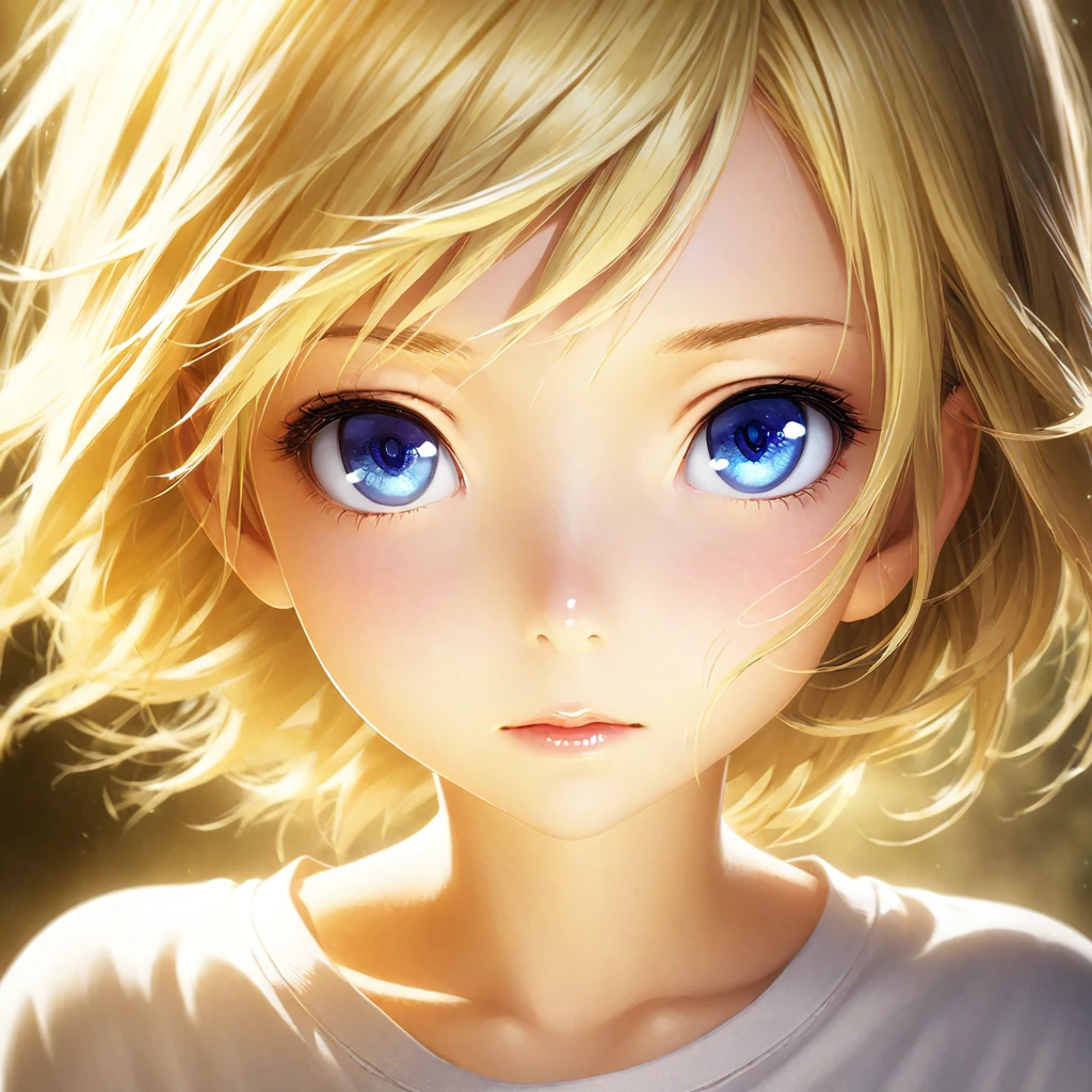 portrait, Practical, blue eyes, Blonde hair, Mid-chest, 4K resolution, High quality CG, Beautiful CG, Soft Light, Octane Rendering, white t-shirt, front, direct gaze, frontal view, headshot