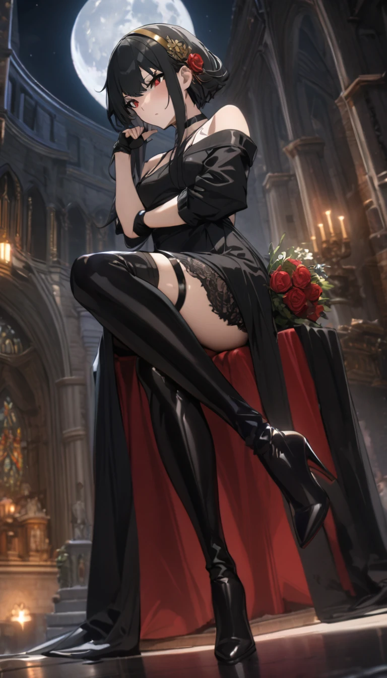 UHD, masterpiece, High Quality, High details, church, full moon, moon light, midnight, YorForger, 1girl, black hair, red eyes, short hair with long locks, gold hairband,hair flower, black choker, black dress, sleeveless, off shoulder, fingerless gloves, black footwear, thigh high heel boots, full body pose, seductive pose, front view, cross legs, hands holding red bouquet of flowers