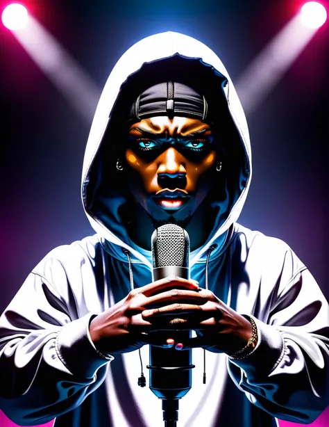 a black rapper in white hoddy nodding his head in front of a microphone