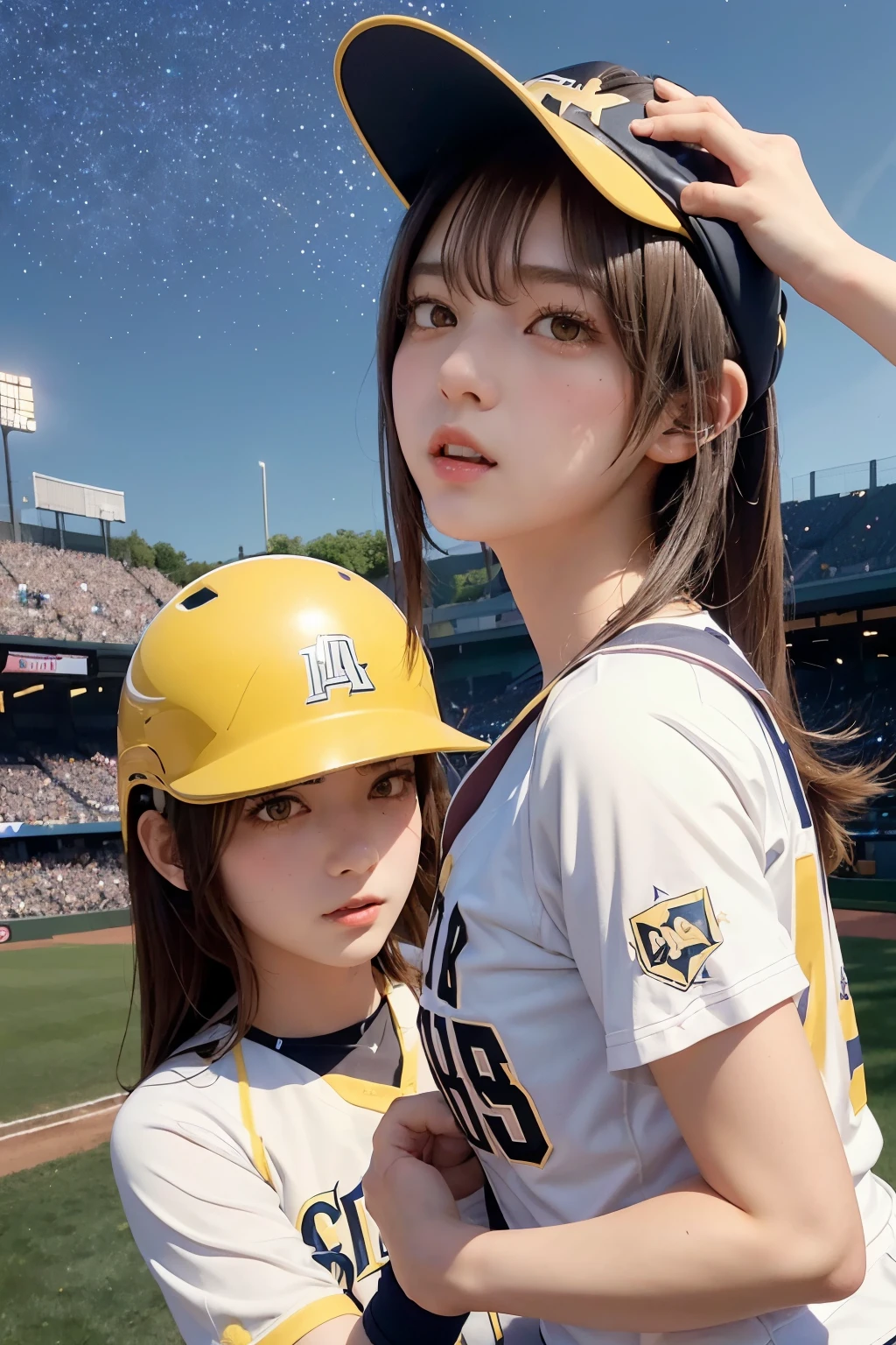 Three Girls, Long Hair, High resolution, Blushing, (Playing Baseball:1.5), (Home run:1.4), Open your mouth, (Cat ears:1.3), Pink eyes, (Baseball uniform:1.3), (Yellow helmet:1.3),
(Starry Sky:1.6),Masterpiece, (From below:1.4)