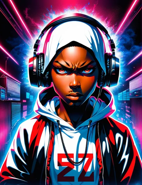 anime, a black rapper in white hoddy nodding his head in front of a microphone a headphone on his head