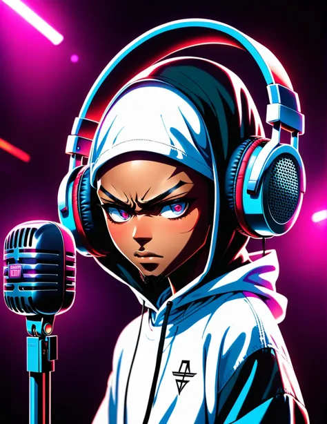 anime, a black rapper in white hoddy nodding his head in front of a microphone a headphone on his head