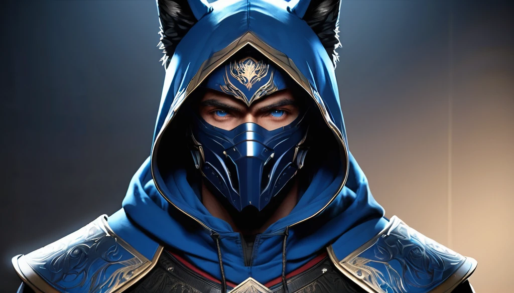 Create realistic image features a character with a stylized appearance, reminiscent of a character from a unreal engine 5, level design, high quality. The man has a predominantly blue color scheme, with a blue hood that covers the head and neck and one of his eyes, and a blue mask that covers the face, leaving only the eyes visible. The eyes are a striking blue with a glowing effect, giving the character an intense and mysterious look.

The man, Dejan Dedić face, with a muscular well-built physique. Short black wavy hair with one blonde lock in front of his hair. The mask has intricate details and patterns, suggesting a high level of craftsmanship or technology. He's wearing a red garment underneath the blue hood and mask, which is partially visible at the neckline.

He's also wearing a black armor-like piece that covers the chest and shoulders, with a red wolf emblem or insignia on the left side. The armor has a metallic look with a detailed design, and there are hints of a silver or gray color on the right side of the armor.

The background of the image is dark and nondescript, which helps to focus attention on the character. The overall style of the image is realistic with a high level of detail, particularly in the textures and lighting effects.