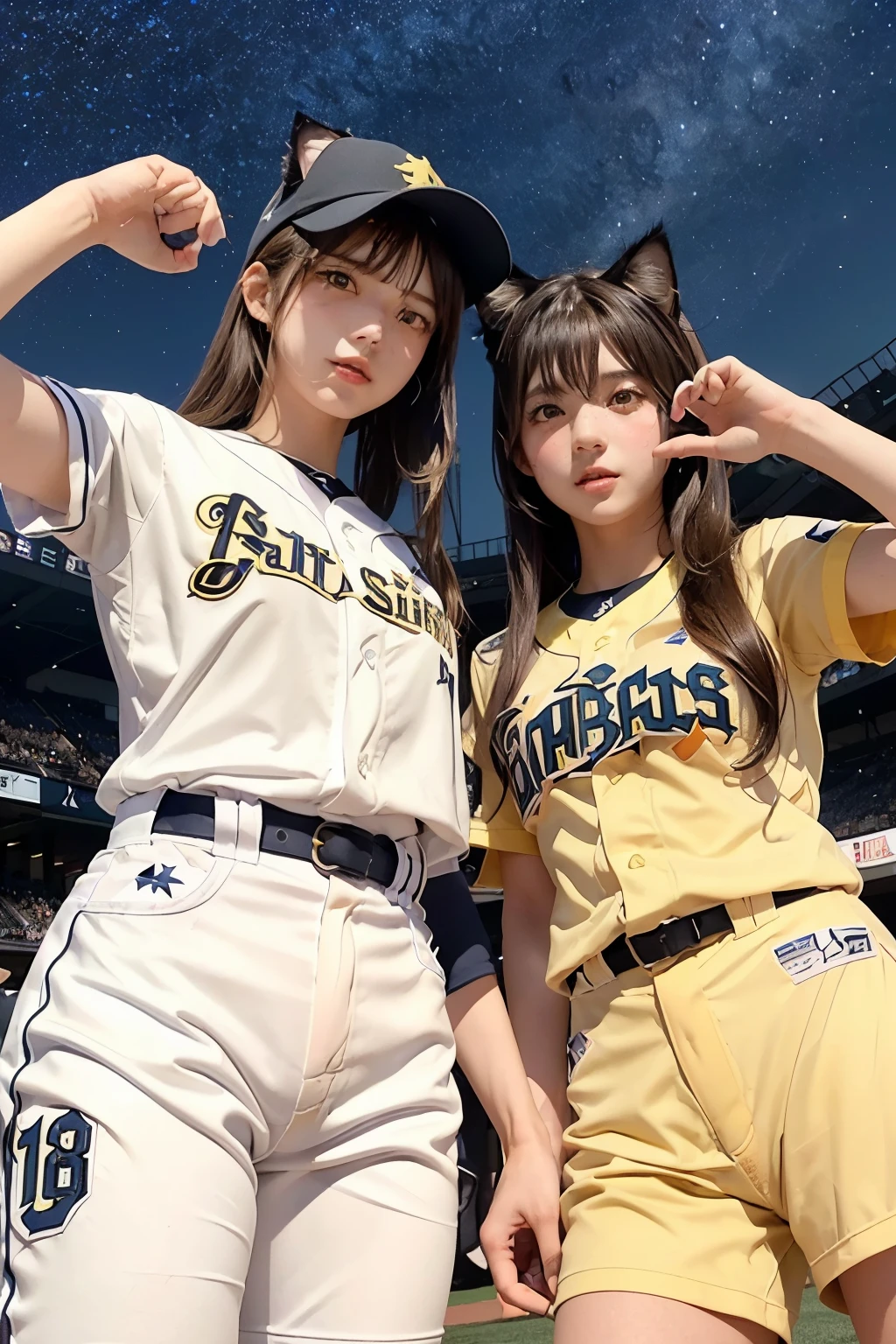 Three Girls, Long Hair, High resolution, Blushing, (Playing Baseball:1.5), (MLB:1.4), Open your mouth, (Cat ears:1.3), Pink eyes, (Baseball uniform:1.3), (Yellow helmet:1.3),
(Starry Sky:1.6),Masterpiece, (From below:1.4)