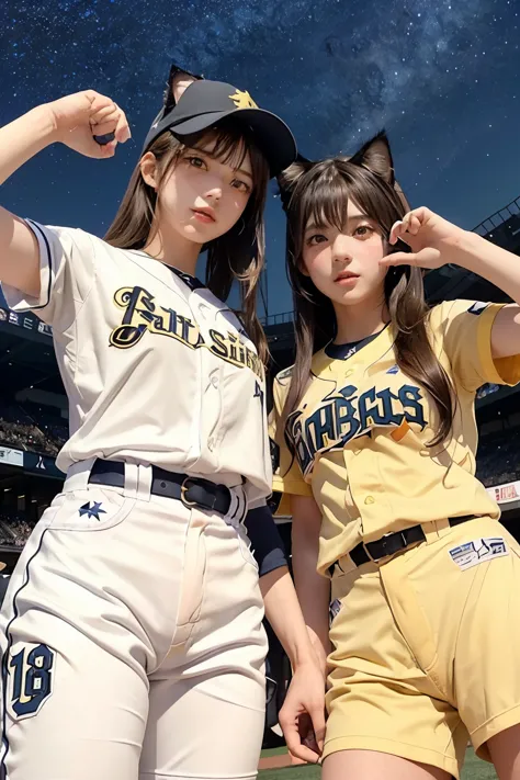 Three Girls, Long Hair, High resolution, Blushing, (Playing Baseball:1.5), (MLB:1.4), Open your mouth, (Cat ears:1.3), Pink eyes...